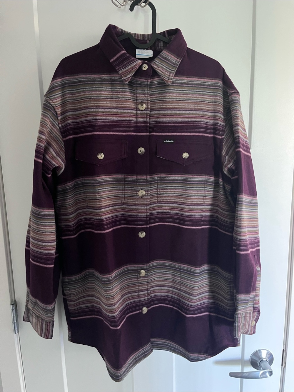 Columbia Calico Basin Flannel Shirt Jacket, Purple/Multi Stripe, M, NWOT